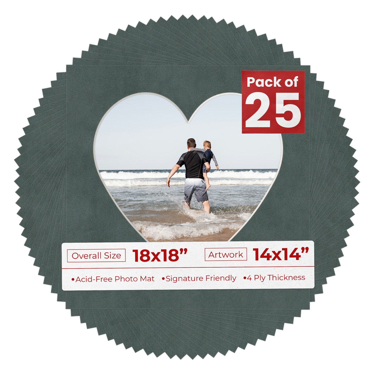 Dark Grey Suede Mat Board for 18x18 Frames - Heart Opening for 14x14 Photos